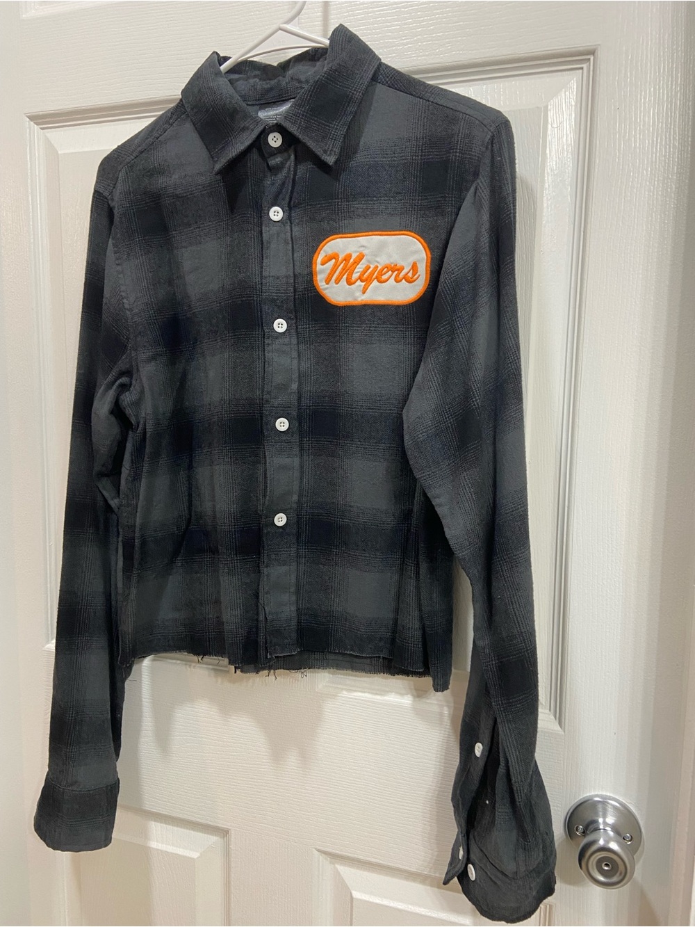NWOT Halloween Black Grid Button-Up Shirt with 'Myers' Patch Shirt Size Small
